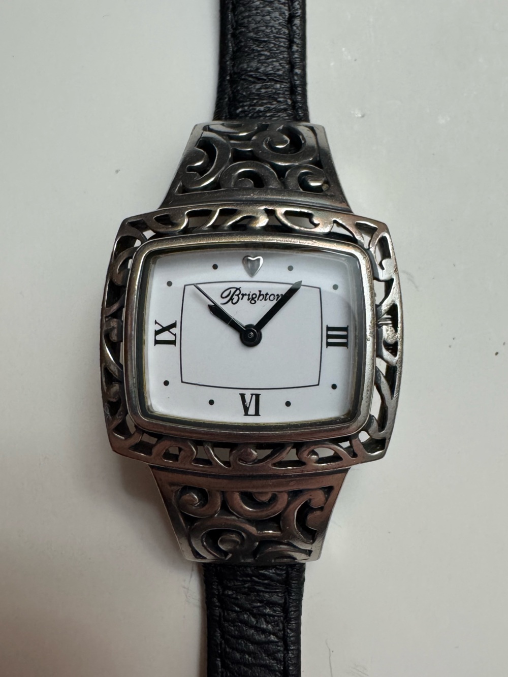 Brighton Silver Filigree Watch with Black Strap